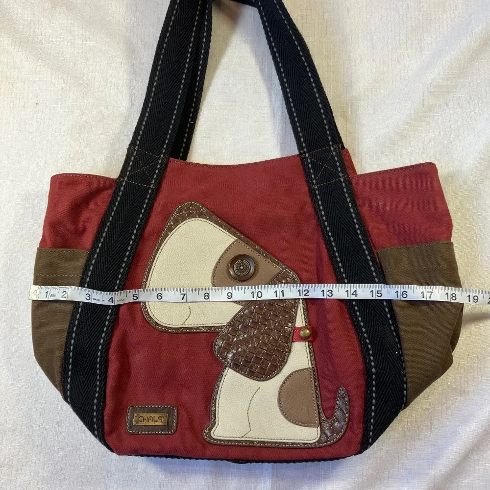 Chala Toffy Dog Large Tote Canvas/Vegan Leather, Burgundy With Black Handles EUC - Picture 12 of 13